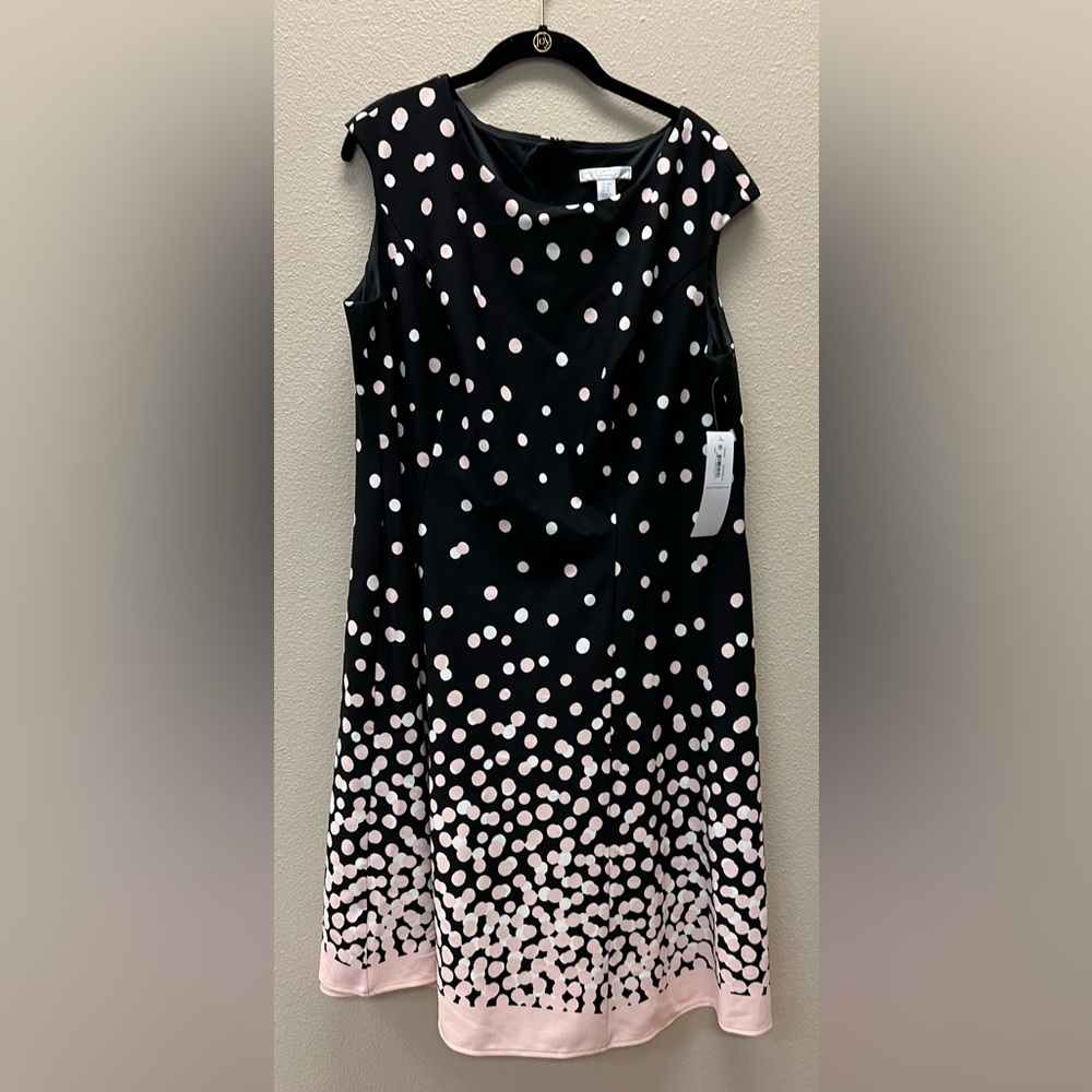 London Times Black and Pink Polka Dot Midi Dress